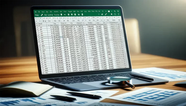 Un ordinateur portable sur le bureau, dévoilant un ensemble de feuilles de calcul Excel avec la fonction RechercheV ou VLOOKUP