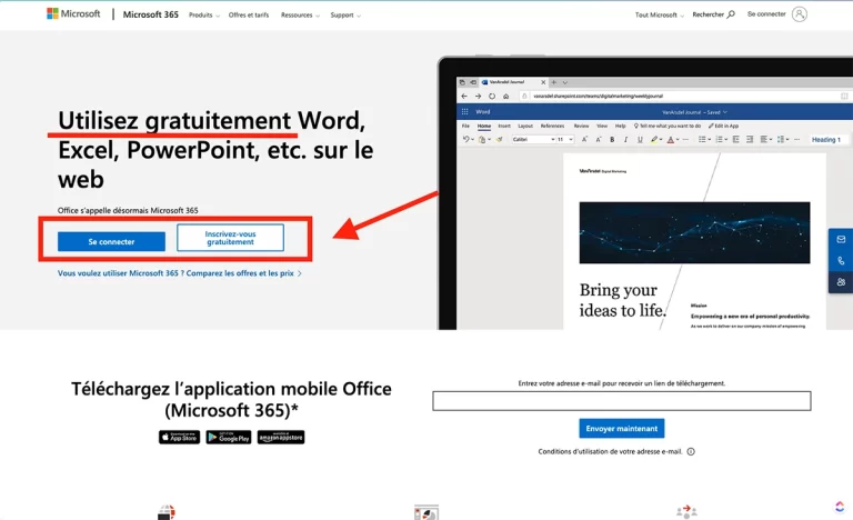 Page d'accueil de Microsoft pour l'accès gratuit à Excel en ligne.