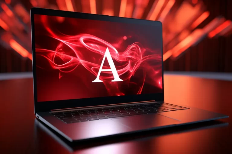 Image du logo PDF sur un ordinateur portable avec un fond rouge.
