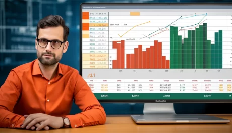 Homme avec chemise orange examinant des graphiques Microsoft Excel sur un ordinateur.