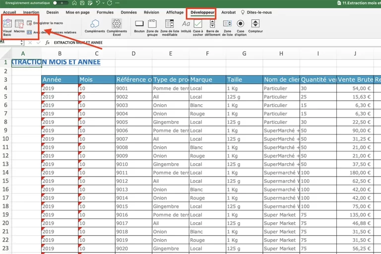 Visualisez une feuille de calcul Excel remplie de données, avec une emphase en rouge sur le menu et le ruban d'Excel dédiés à la fonction VBA
