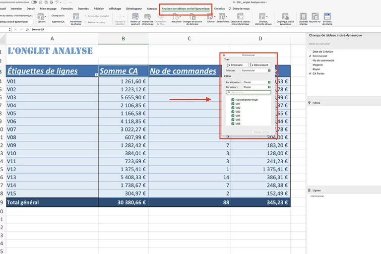 Capture d'écran montrant Où se trouve la table pivot dans Excel.