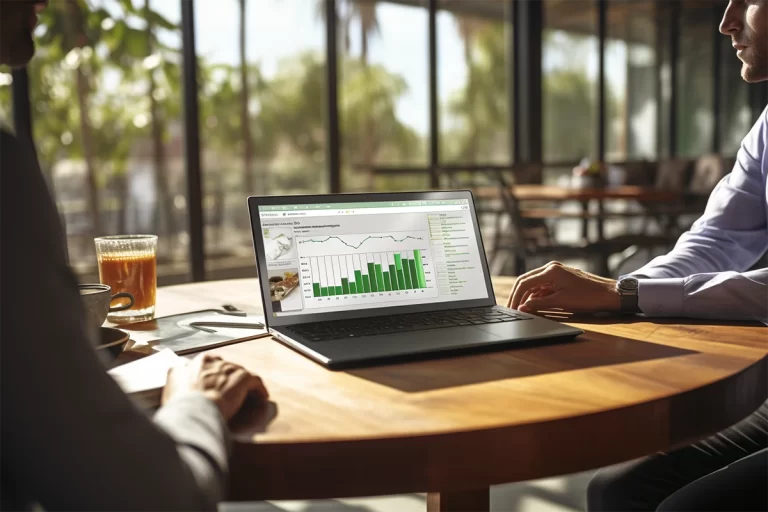 Deux hommes d'affaires avec ordinateur portable et graphique Excel au restaurant.