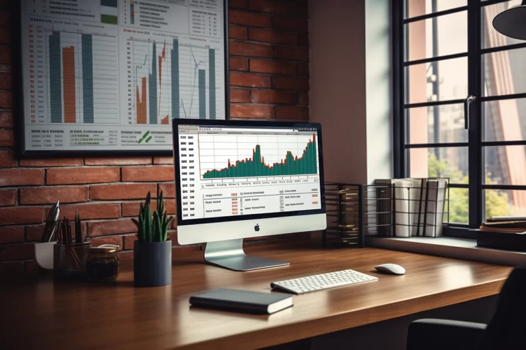 Image d'un iMac sur un bureau professionnel avec un graphique à l'écran.