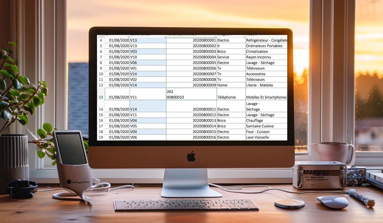Photo d'un iMac bien positionné sur un bureau, avec une feuille de calcul Excel ouverte à l'écran