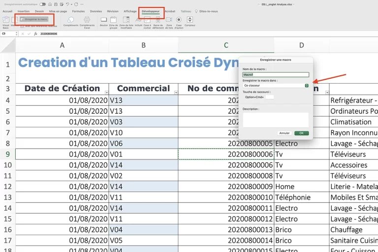 Capture d'écran de l'enregistrement d'une macro dans Microsoft Excel avec des indications en flèches rouges.