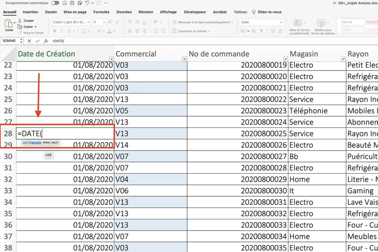Capture d'écran d'Excel avec la fonction "DATE" en surbrillance rouge.