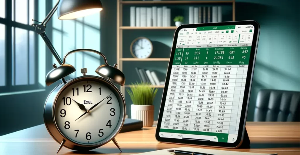 Horloge numérique moderne affichant l'heure à côté d'une feuille Excel.
