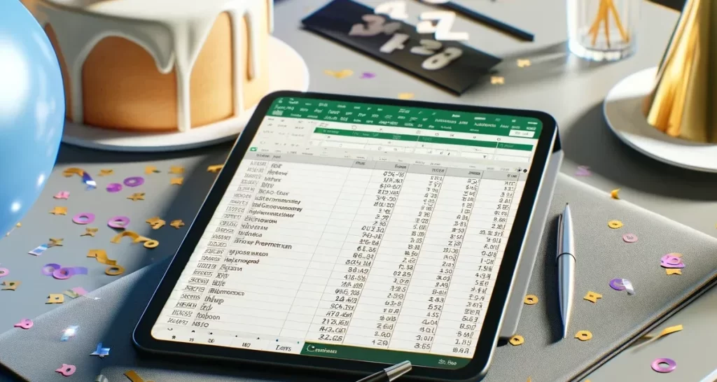 Un bureau moderne avec une tablette affichant un tableau Excel pour le calcul, entouré de décorations d'anniversaire.
