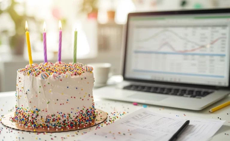 Gâteau d'anniversaire avec bougies allumées et un ordinateur portable en arrière-plan montrant Excel, illustrant le calcul de l'âge
