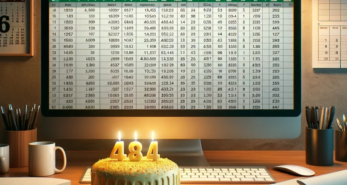 Bureau moderne avec écran d'ordinateur montrant Excel pour le calcul , calendrier et gâteau d'anniversaire