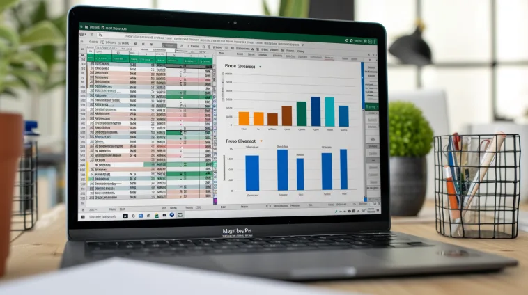 Un ordinateur portable sur un bureau montrant un écran Excel avec des tableaux et graphiques Power Pivot, entouré d'éléments de bureau organisés.