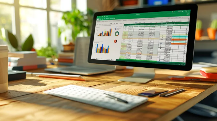 Ordinateur portable sur un bureau en bois montrant une feuille de calcul Excel avec des graphiques et des données, dans un environnement de travail moderne et ensoleillé