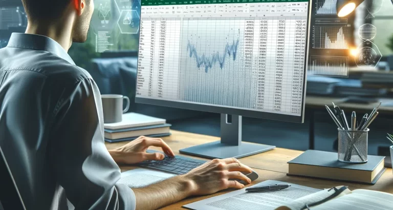 Professionnel analysant des graphiques financiers dans Excel sur un bureau bien organisé.