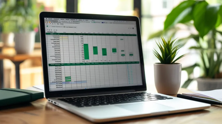 Ordinateur portable sur un bureau montrant Excel avec des graphiques en barres, à côté d'une plante verte, dénotant un espace de travail organisé et orienté vers les données.