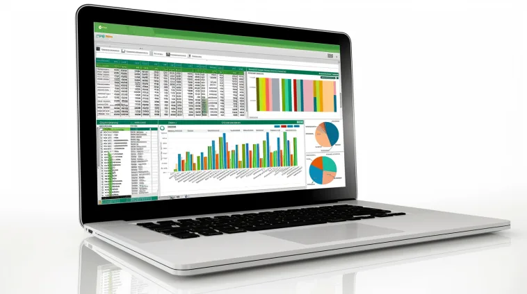 Ordinateur portable affichant un tableau Power Pivot dans Excel, complet avec graphiques en barres, sur un bureau bien équipé.