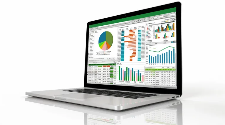 Personne analysant des données avec PowerPivot dans Excel entourée de visualisations numériques dans un bureau moderne.