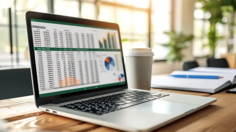 Ordinateur affichant Excel avec des graphiques, à côté d'un café, illustrant un travail d'analyse des données avec Excel.