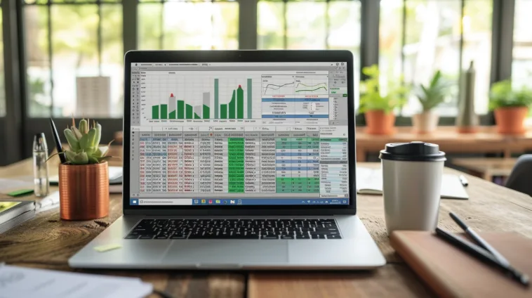 Écran d'ordinateur portable présentant une analyse de données dans Excel, avec une plante et une tasse de café sur un bureau.