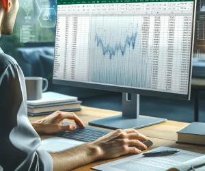 Professionnel analysant des graphiques financiers dans Excel sur un bureau bien organisé.