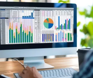 Professionnel travaillant sur un ordinateur avec des graphiques , indiquant une analyse de données avancée.